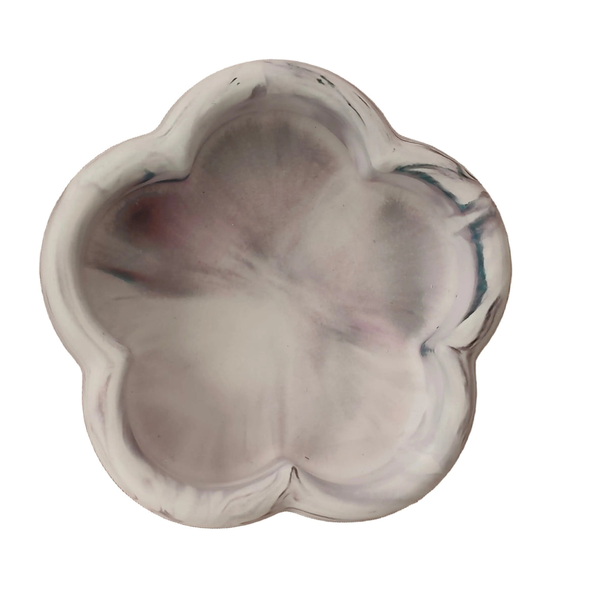 Bandeja decorativa AIKO con forma de flor y acabado marmolado en tonos neutros, ideal para organizar accesorios.