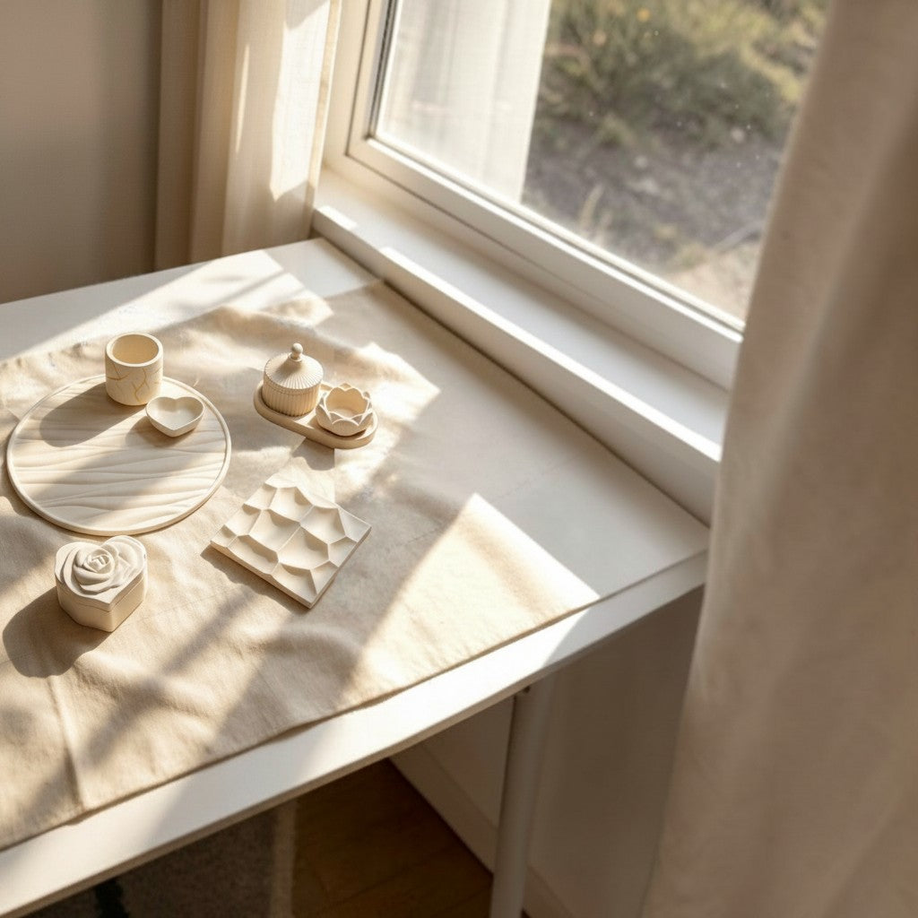 Conjunto decorativo de cerámica artesanal AIKO en color crema con formas orgánicas sobre una mesa junto a una ventana