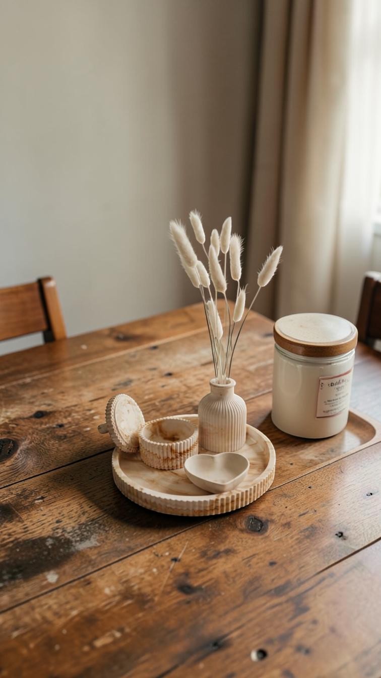 Conjunto decorativo AIKO con bandeja estriada, jarrón, joyero y cuenco de corazón en tonos neutros sobre mesa madera